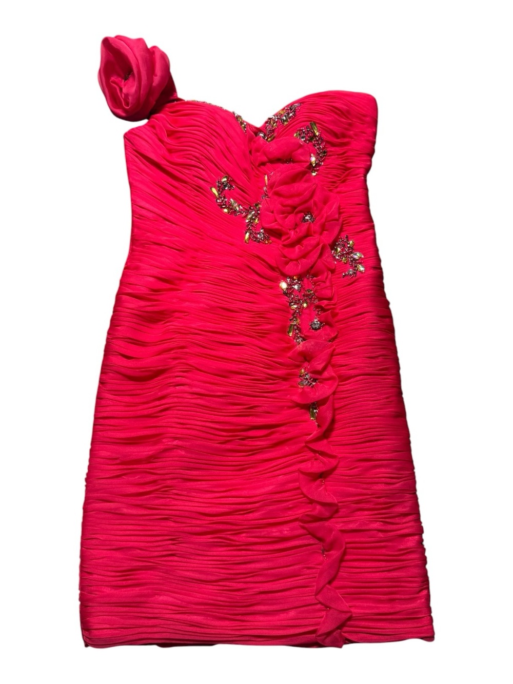 JANIQUE One-Shoulder Hot Pink Ruched Cocktail Dress 4 with Floral Applique - Picture 8 of 10